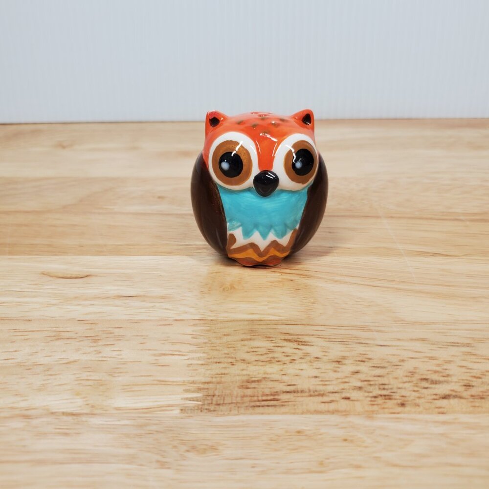 Owl S&P Single Shaker, Ceramic Brown Teal Orange Yellow Glaze, 3 Holes and Cork